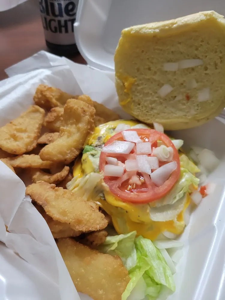 Huey Burger and Fries with Cheese